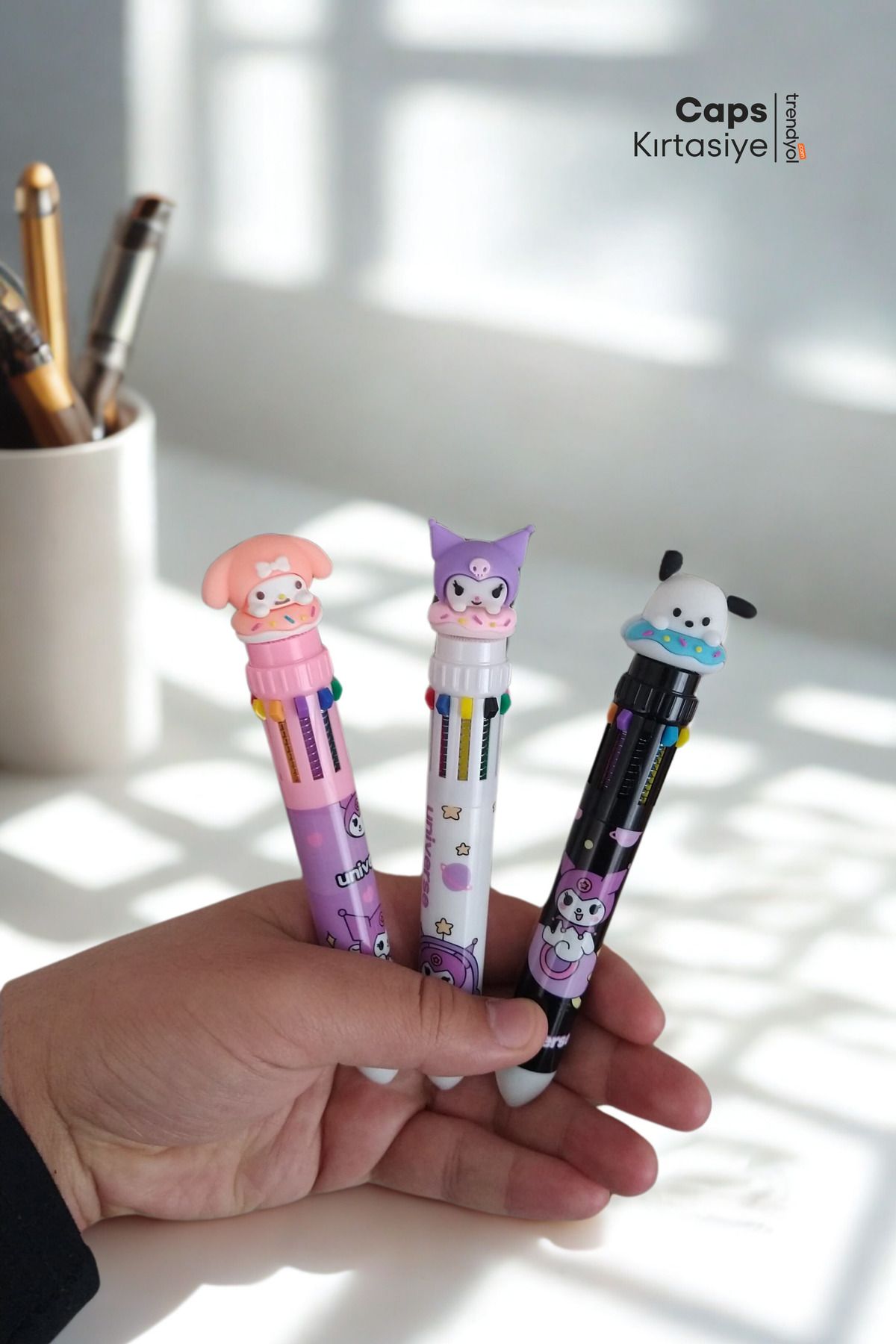 caps office 3 Adet 10 Renkli Figür Başlıklı Tükenmez Kalem Seti – Kuromi, Cinnamoroll, My Melody, Pompompurin