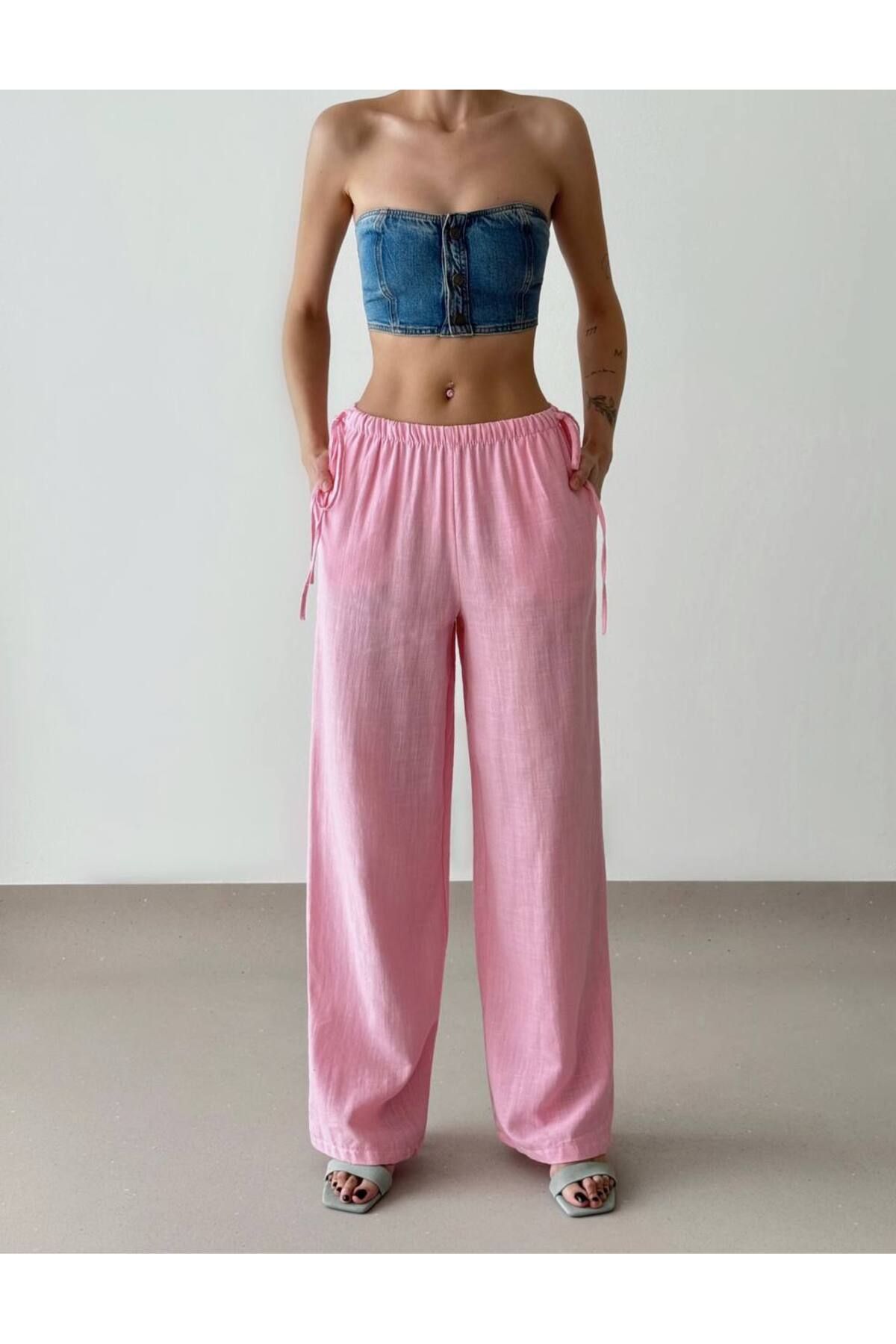 disponible Pembe Bağcık Detaylı Kadın Pantolon