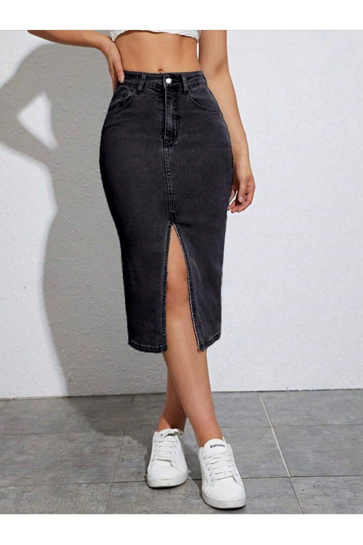 BİRDALİFE WEAR Etek Antrasit Yırtmaçlı Yüksek Bel Kot Etek