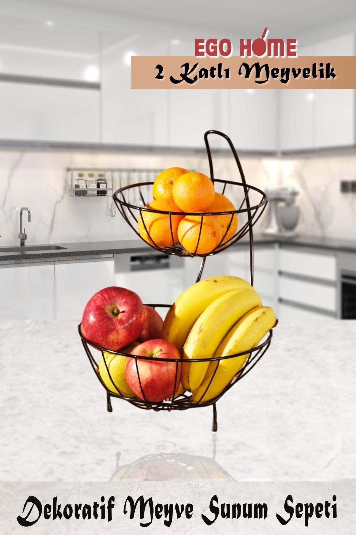 ego home Meyvelik Meyve Sebze Sepeti 2 Katlı Metal Sebzelik Ve Meyve Sunum Dekoratif Patates Sepeti