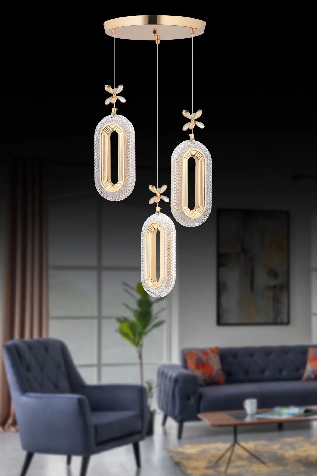 Roque Led Alfa 3'li Gold 3 Renk Ledli Kristal Taşlı Modern Led Avize