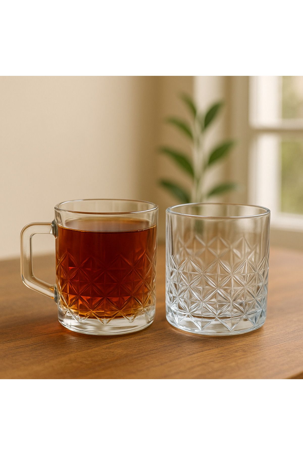 Paşabahçe Diamond Desenli Kulplu Cam Çay Bardağı – 2’li Set (195 cc)