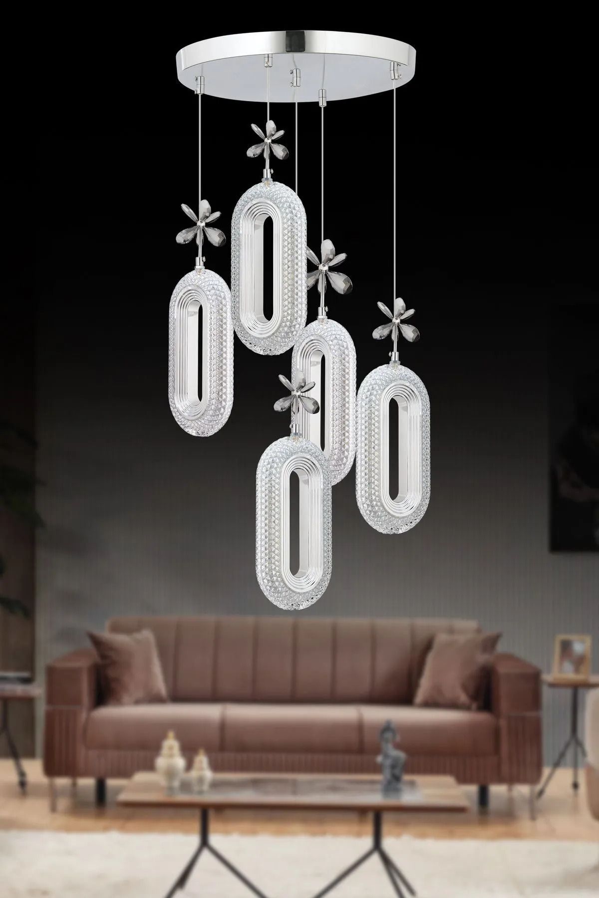 Roque Led Alfa 5'li Gümüş 3 Renk Ledli Kristal Taşlı Modern Led Avize