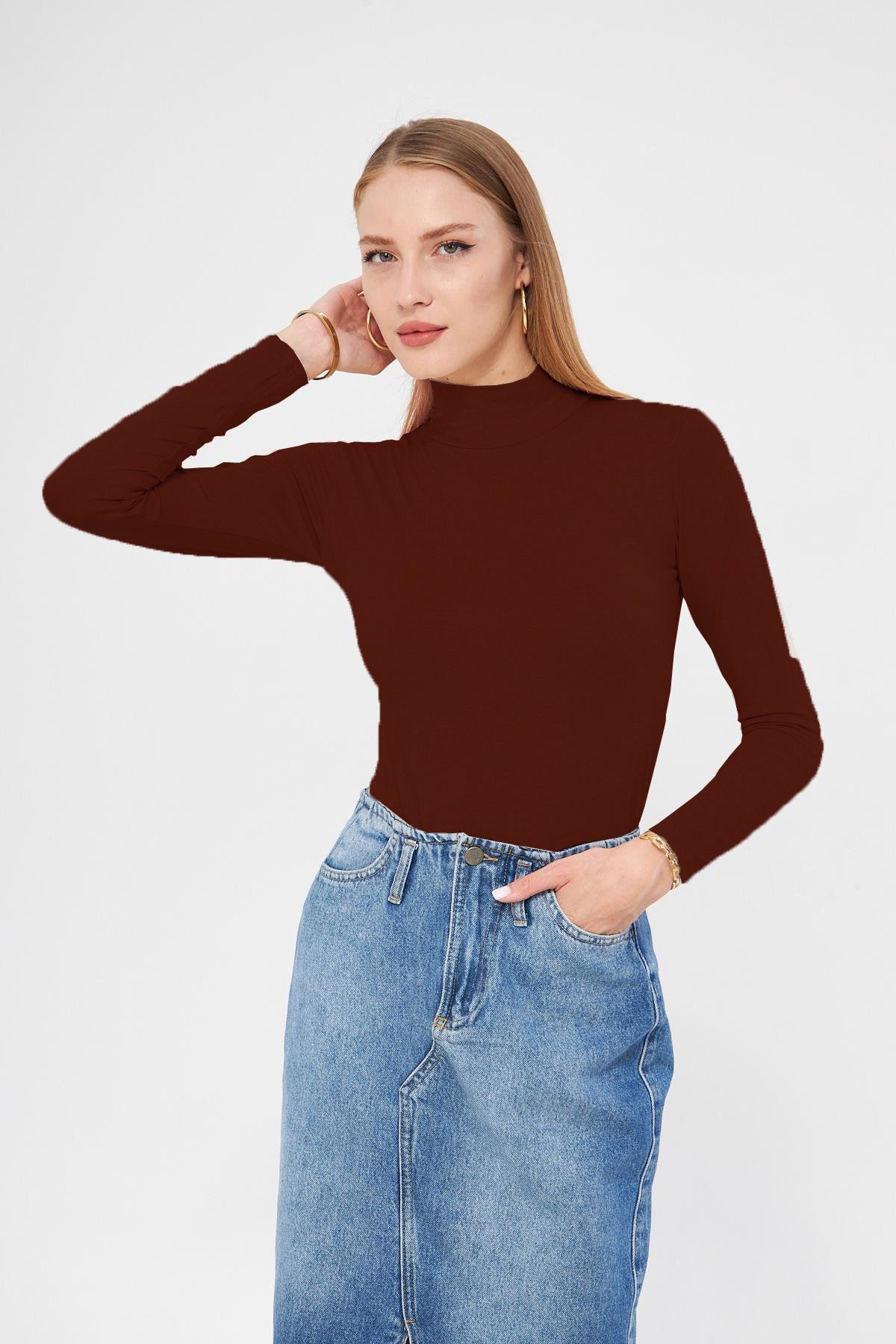 studio fashion 1988 Kadın Siyah Balıkçı Yaka Uzun Kol Premium Kumaş Viskon Likralı Body