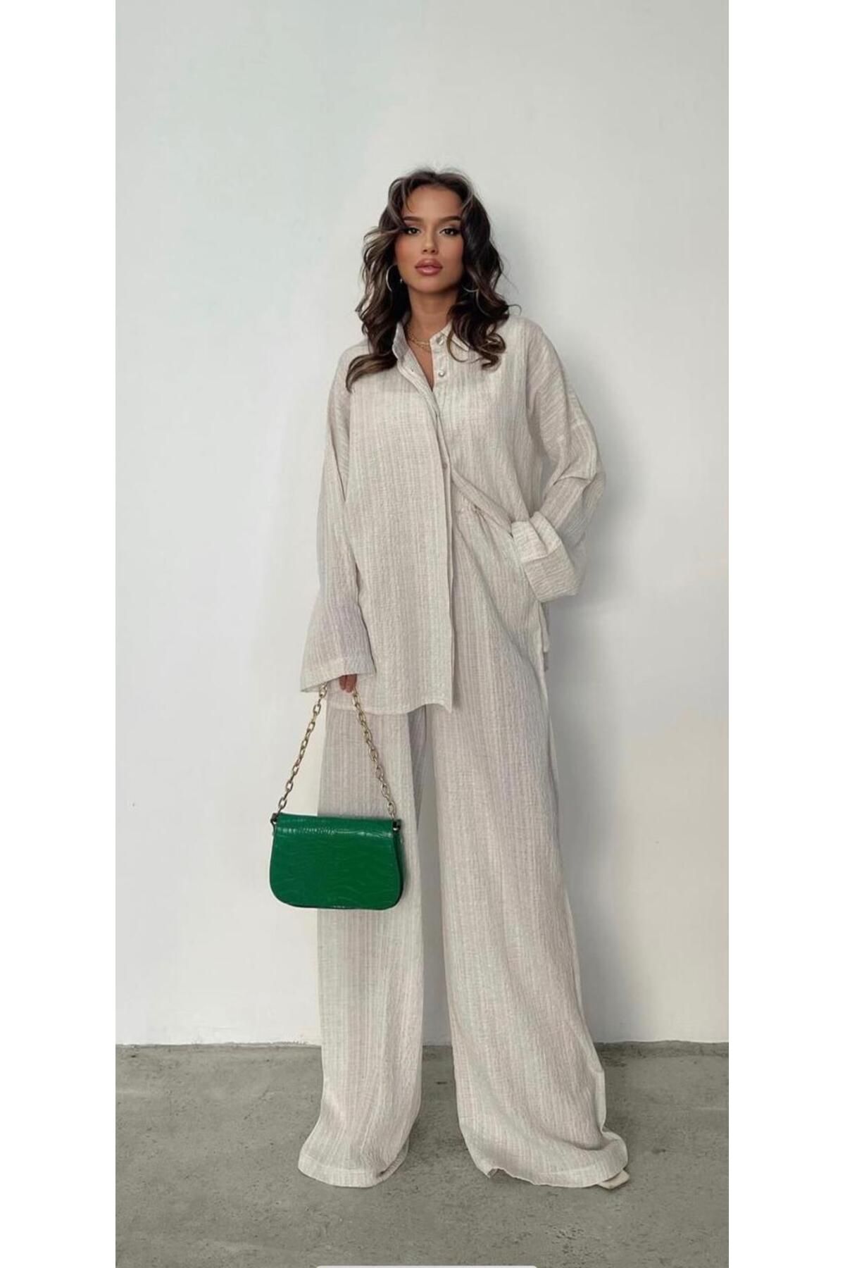 disponible Kadın Bol Paça Pantolon Gömlek Oversize Keten Kadın Alt Üst Takım