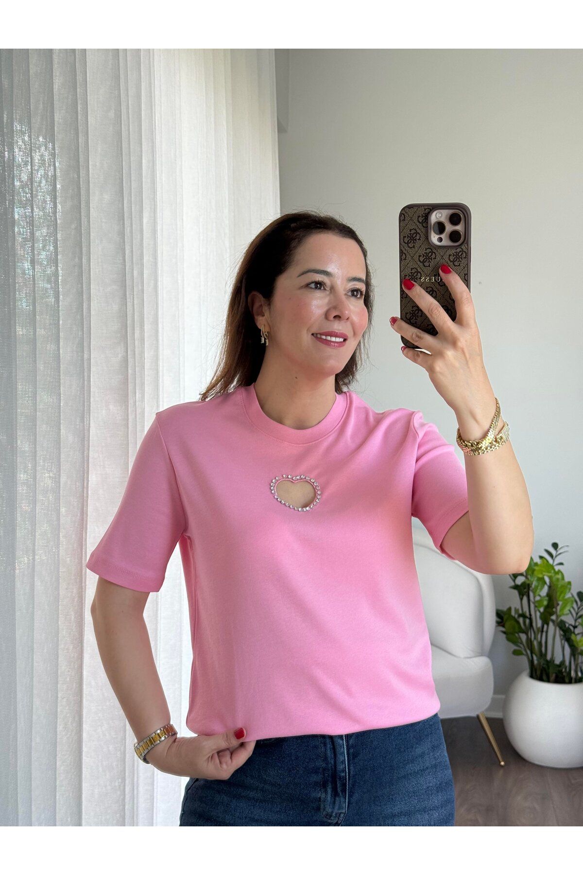 disponible Taş Detaylı %100 Pamuk Kadın Oversize Kalpli Tişört