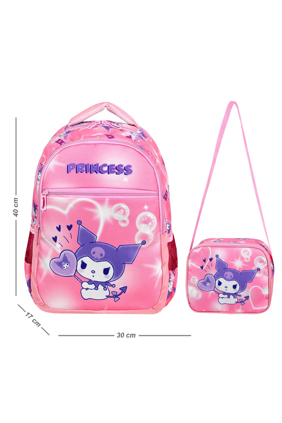 Niss Store Desenli Kuromi Melody Temalı Koral İlkokul Çantası ve Beslenme Çantası