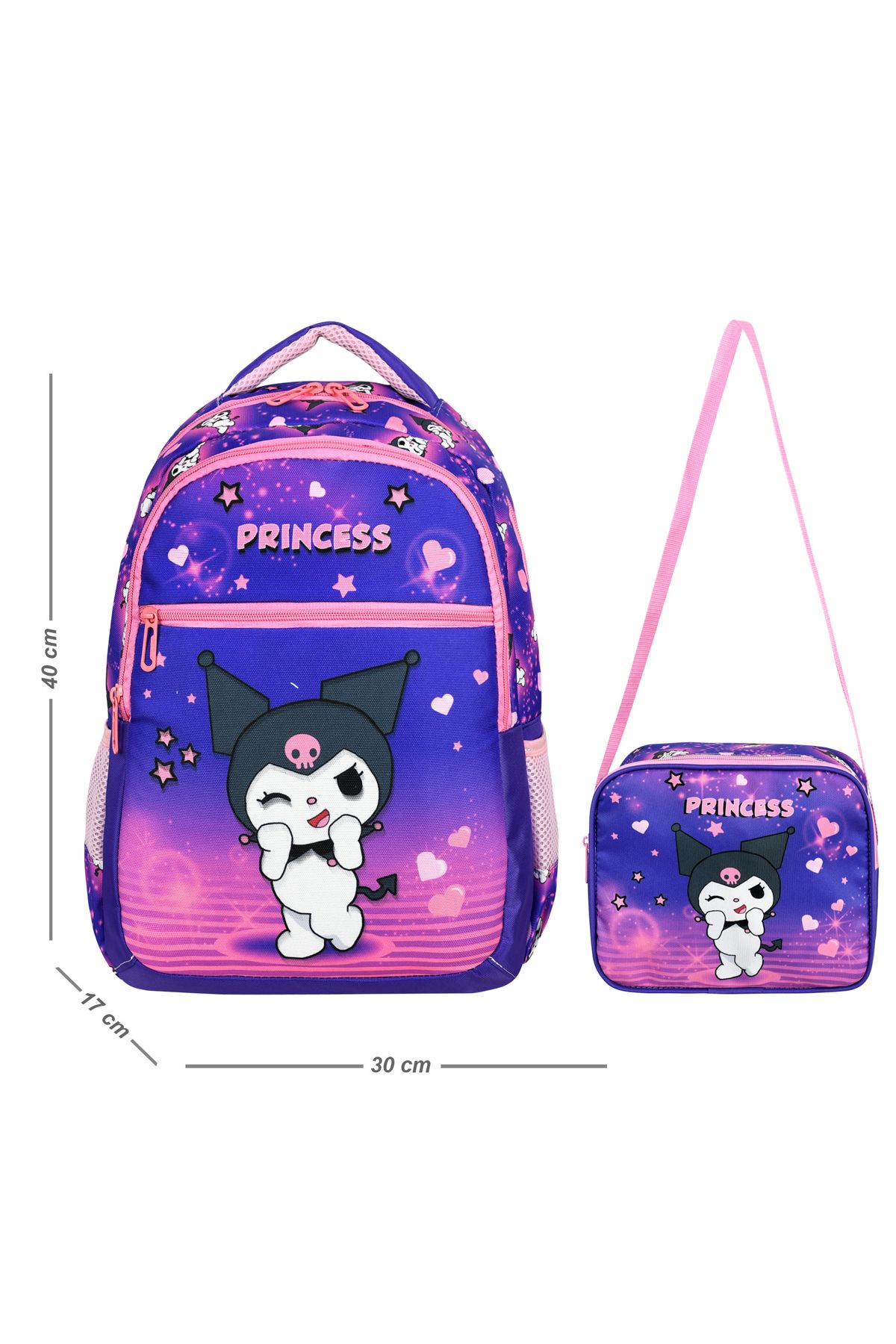 Niss Store Desenli Kuromi Temalı Prenses Kuromi Yarasa İlkokul Çantası ve Beslenme Çantası