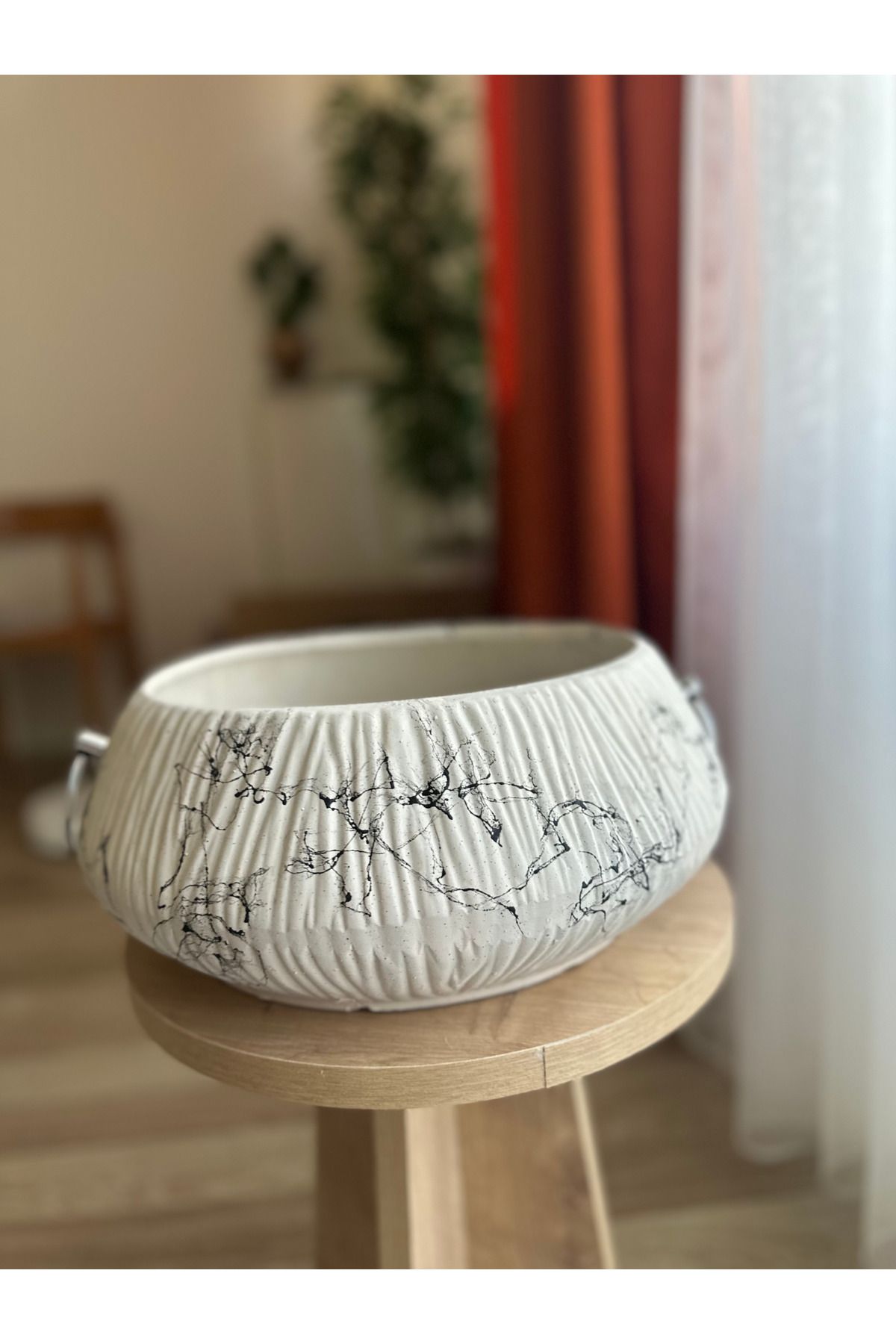 LAVİTTA mermer desen seramik saksı tek adet 30 cm çap 14 cm yükseklik