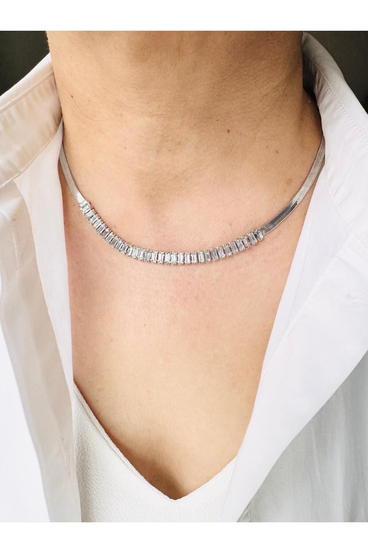 DEVİ fashion Çelik Zirkon Taşlı Silver Zincir Kolye 45 cm