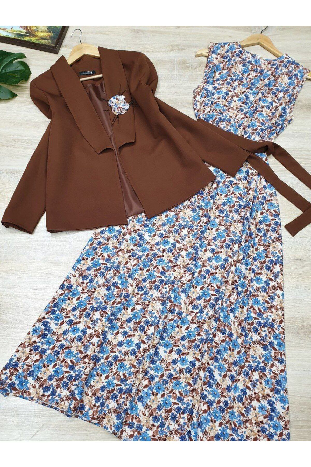 Yassmenta flowers Kadın astarlı blazer desenli kolsuz elbıse ikili takim.42/52 beden