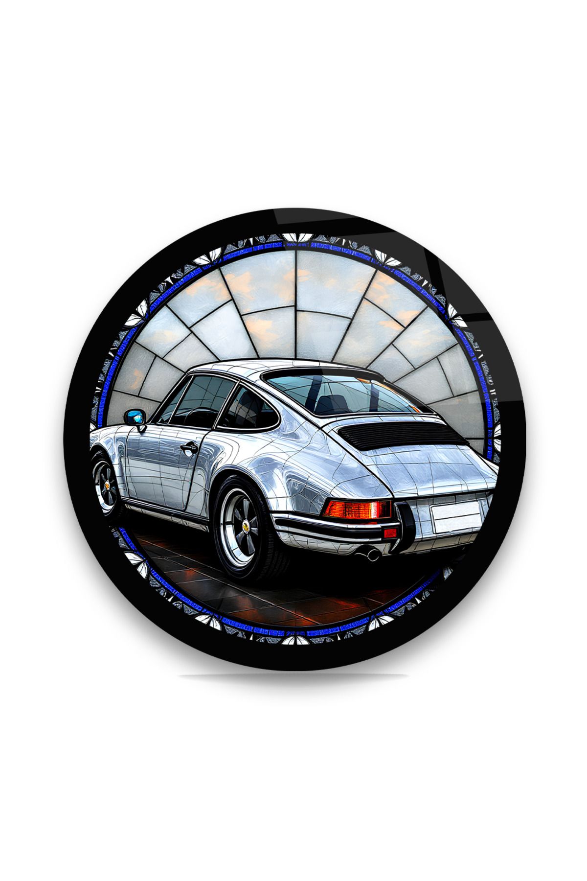 DuruGlassArt Vitray Desenli Porsche - Sanatsal Yuvarlak Cam Tablo