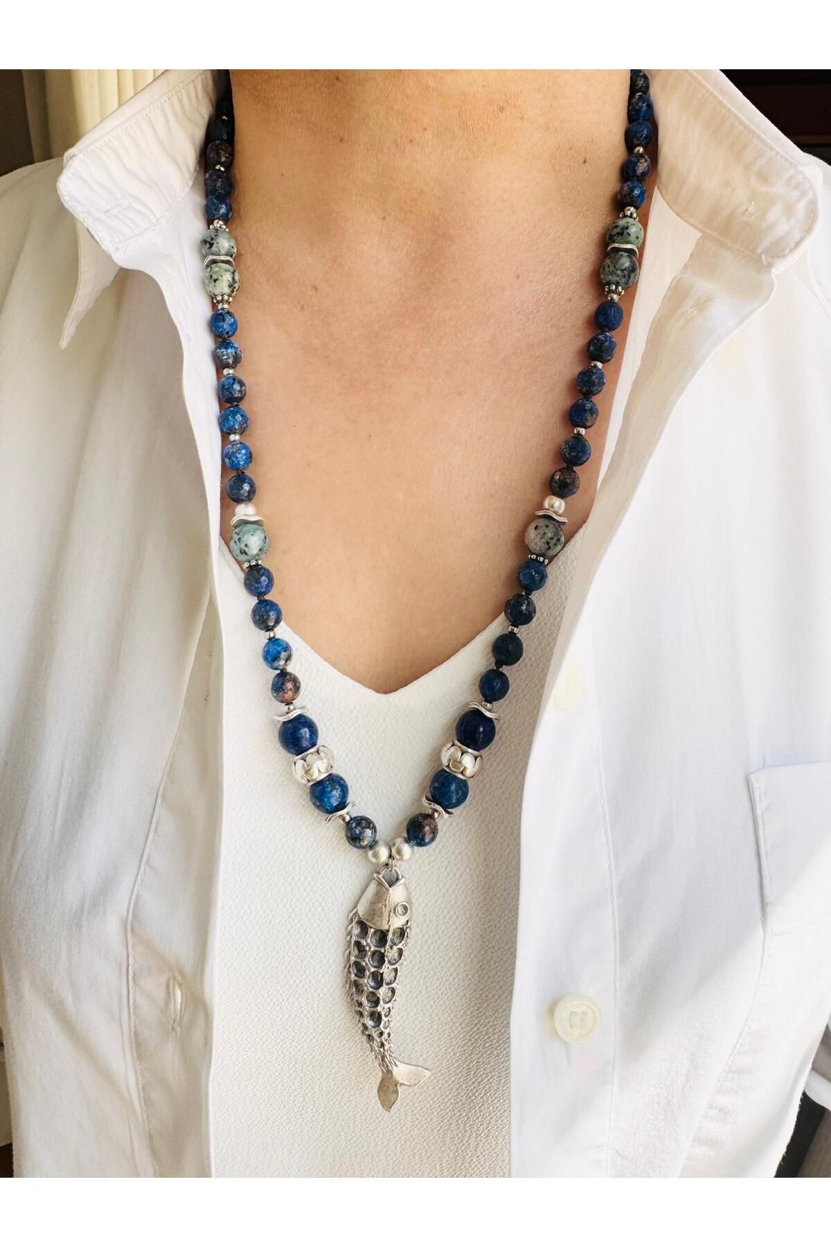DEVİ fashion Jasper Doğal Taş Tasarım Balık Kolye 65 cm