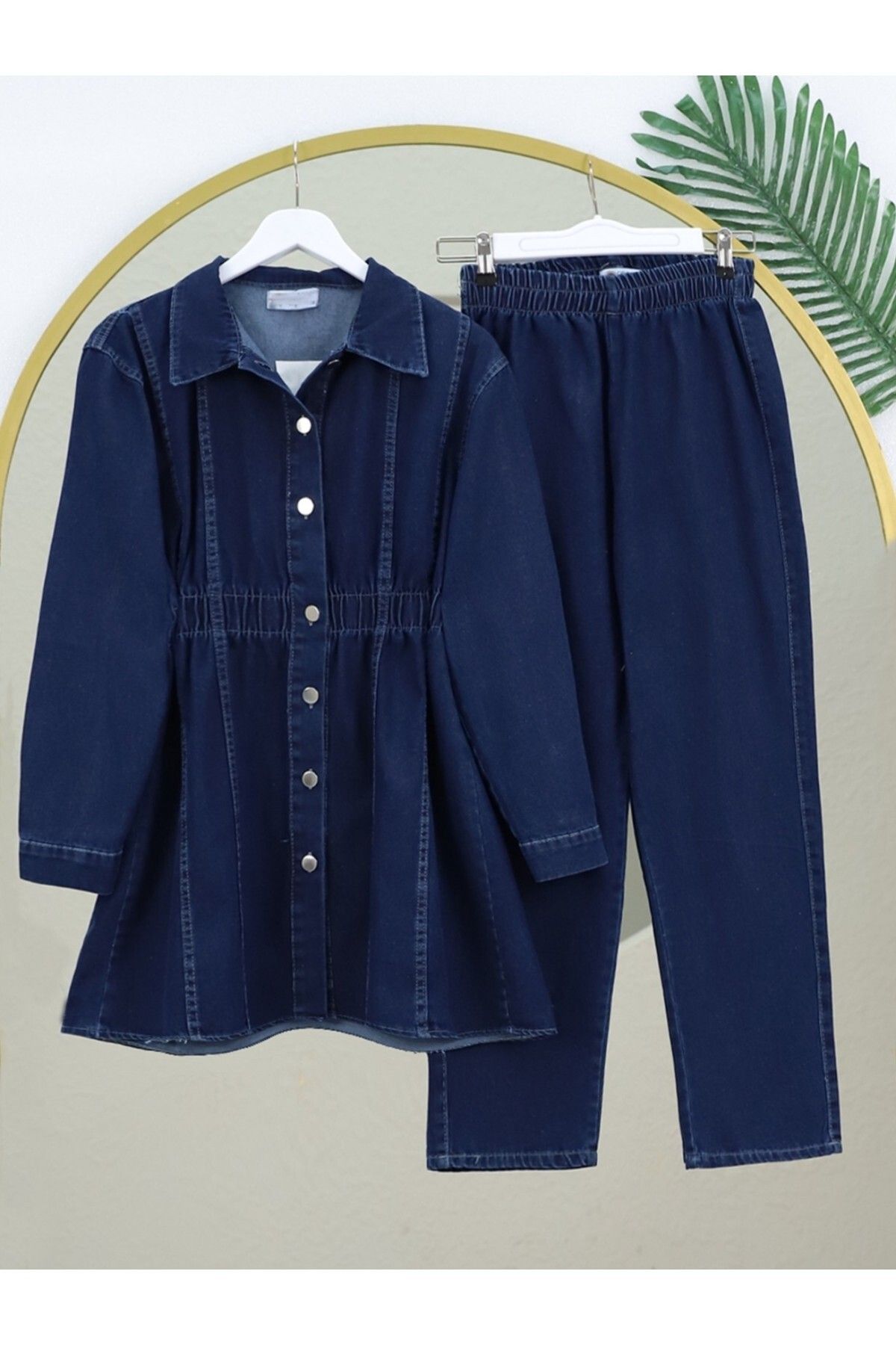 HİJABAYA Beli Lastikli Boydan Düğmeli Ceket Pantolon Kot Takım