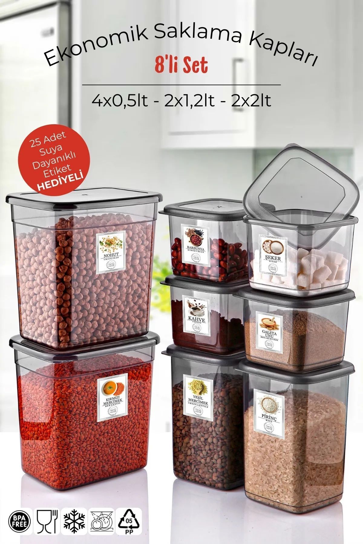 Open Home Concept 9'lu Set Saklama Kabı – Antrasit Renkli, Pratik ve Şık 2x2lt-2x1,2lt-4x550 ML