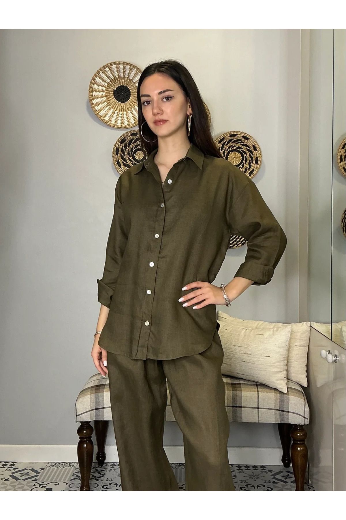 saze butik KETEN HAKİ GÖMLEK