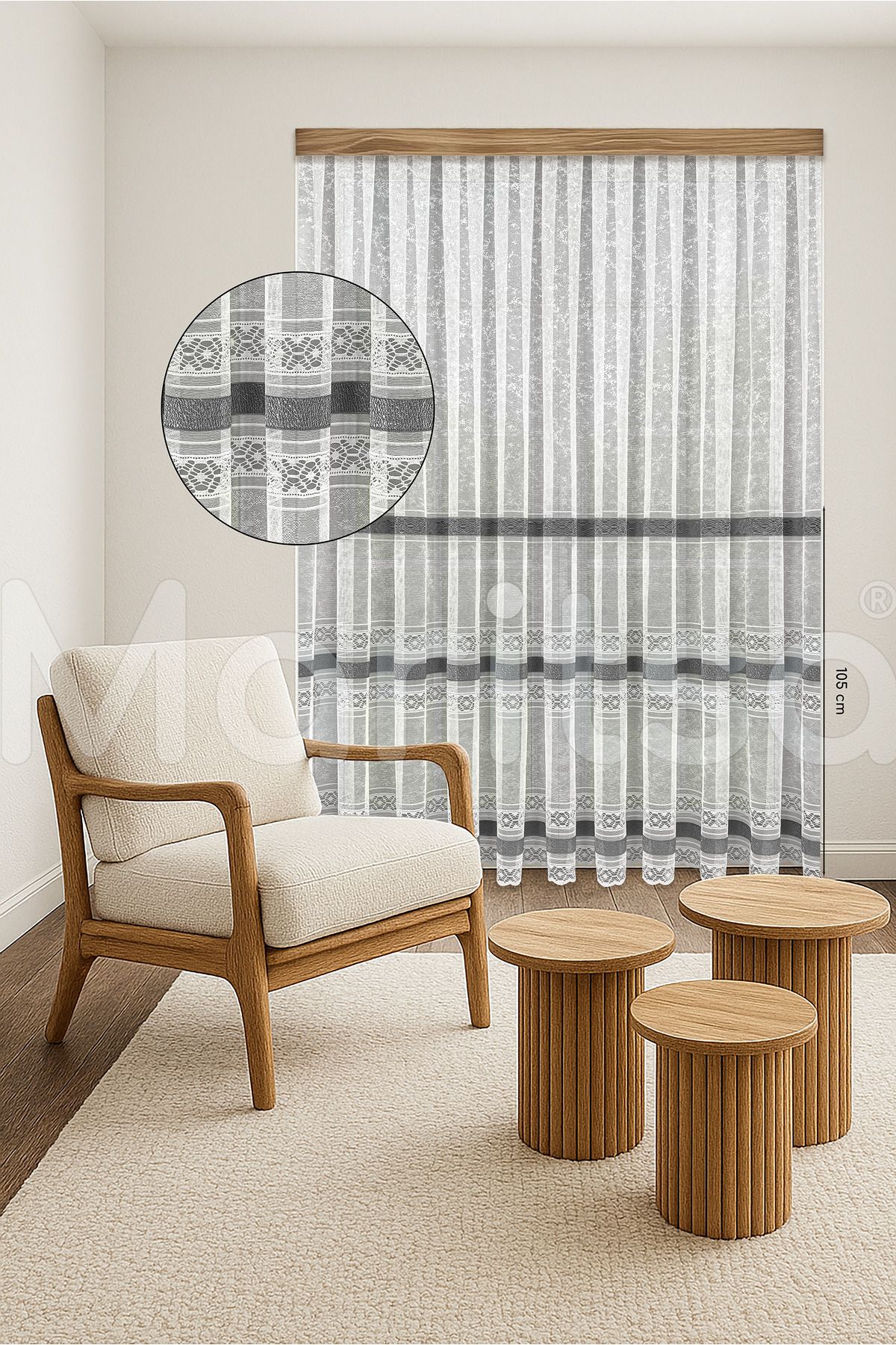 MARİTSA Tül Perde - Örme Serisi Modern Klasik Gri Dantel Detaylı Sera Desen Beyaz Sık Pile(1x3) Curtain
