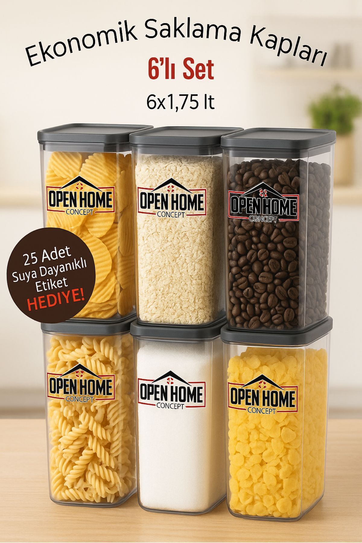 Open Home Concept 6'lı Antrasit Ekonomik Kırılmaz Saklama Kabı Seti 6x1,75 Lt.