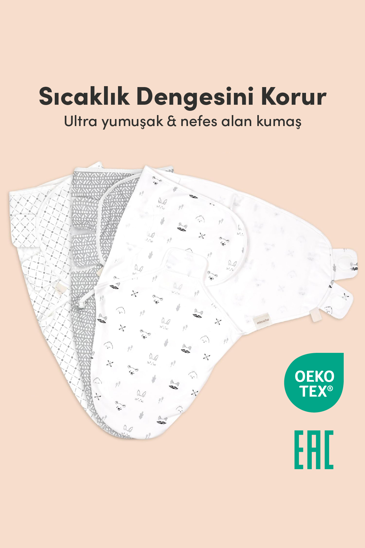 Minuche %100 Pamuk 3'lü Bebek Kundak ve Uyku Tulumu - Ergonomik Yenidoğan ve Bebek Kundak fotoğrafı 4 (önizleme)