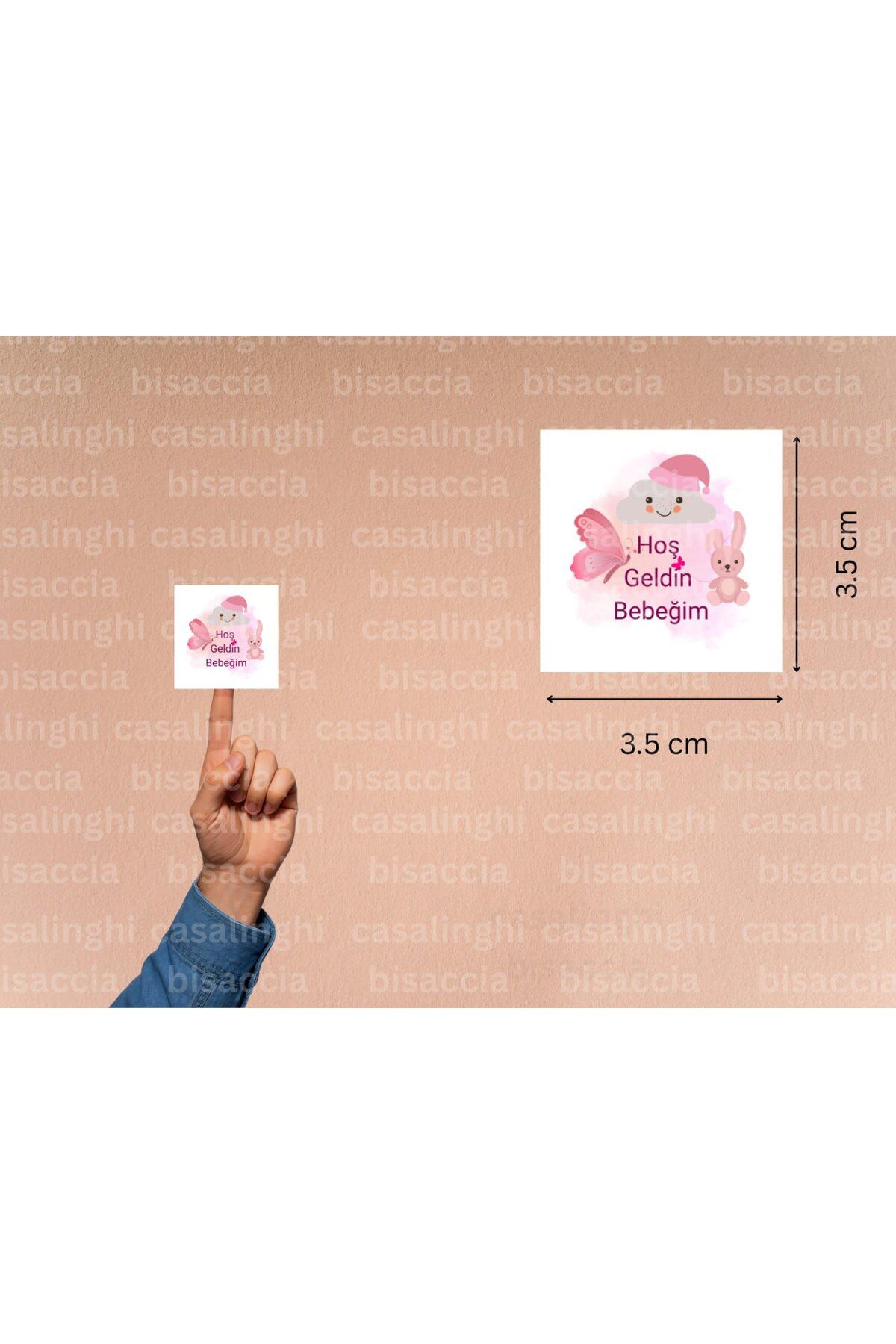 CASALINGHI Hoş Geldin Bebeğim Etiketi Pembe Tavşan Mat Çıkartma Cute Sticker Bebek Partisi 3.5 Cm (45 Adet)