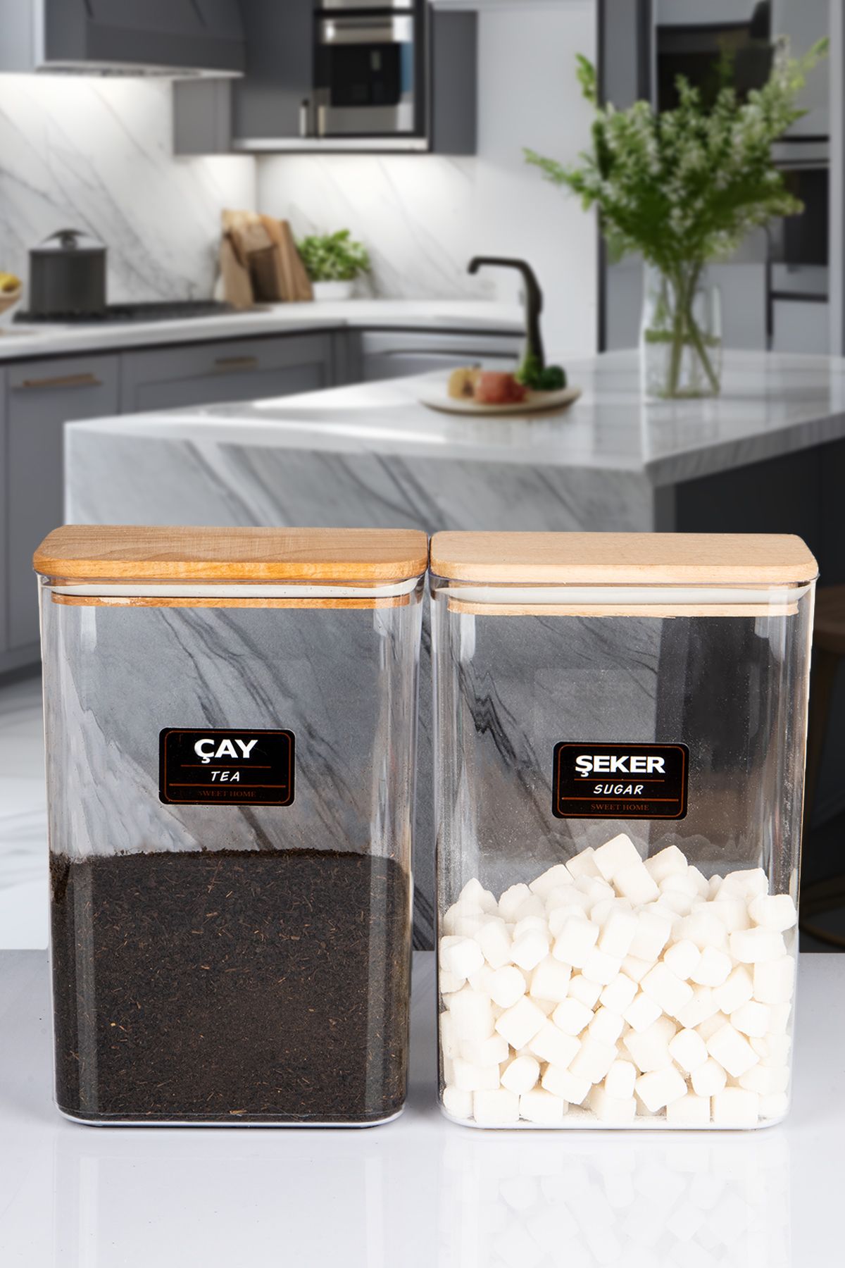 naturelove Ahşap Vakumlu Kapaklı Akrilik Çay Şeker Saklama Kavanozu Saklama Kabı ve Kutusu 3 Litre ETİKETLİ