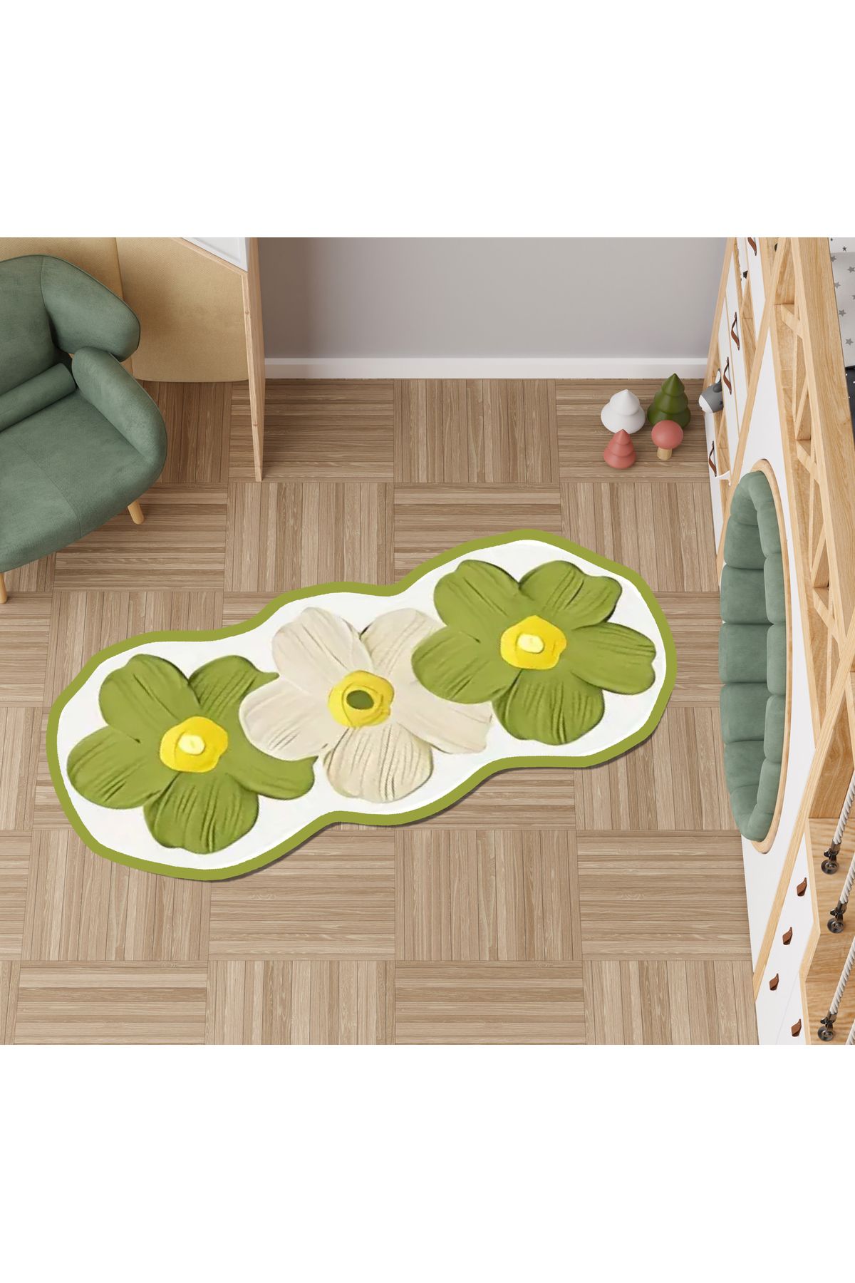 Rugs Modern Halı Lina Koleksiyonu Yeşil Papatyalar Desenli Dokuma Taban Asimetrik Modern Dekoratif Halı lina72