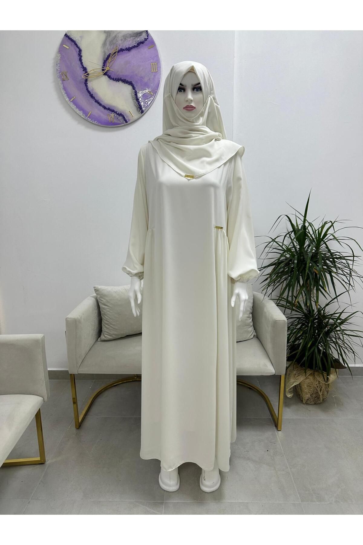 R&S modibone-Yandan Drawstring Dress Sufle Scarf Suit (Suitable for Hajj and Umrah Ecru 4