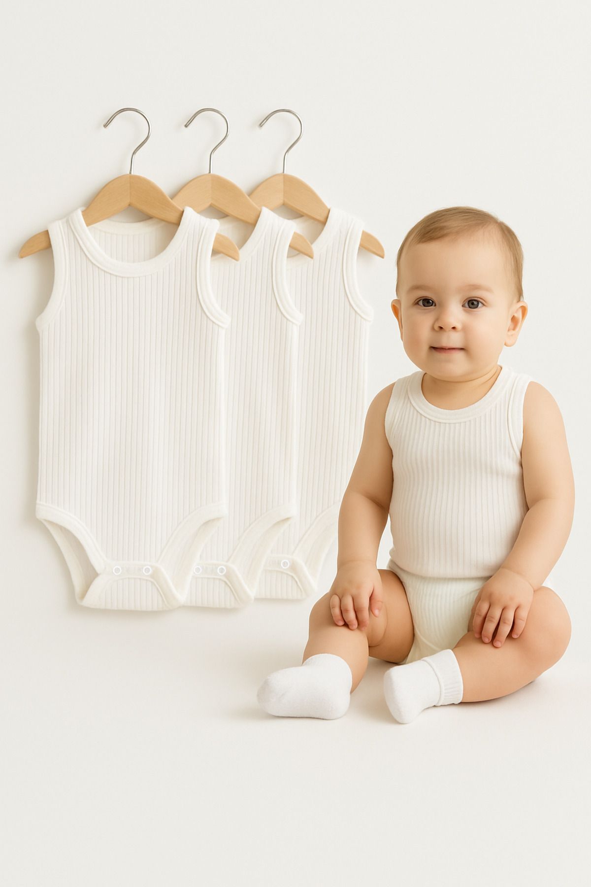 Trend Bebe Butik 3’lü Fitilli Ribana Çıtçıtlı Bebek Zıbın | Kolsuz Yazlık Pamuklu Body Seti | Unisex Bebek Badi Tulum