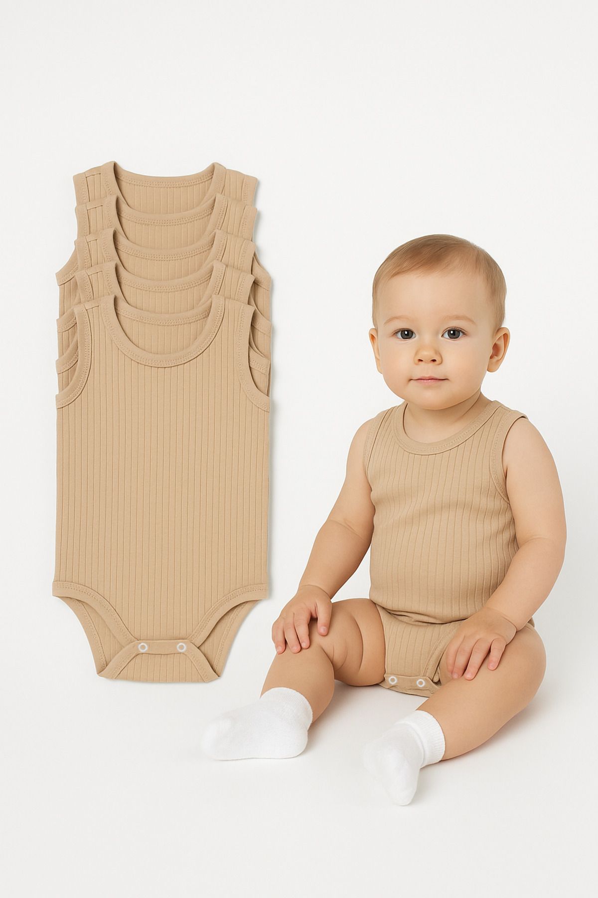 Trend Bebe Butik 5'li Fitilli Çıtçıtlı Bebek Zıbın Seti Pamuklu Atlet Body Yazlık Kolsuz Bebek Zıbın Tulum Ribana