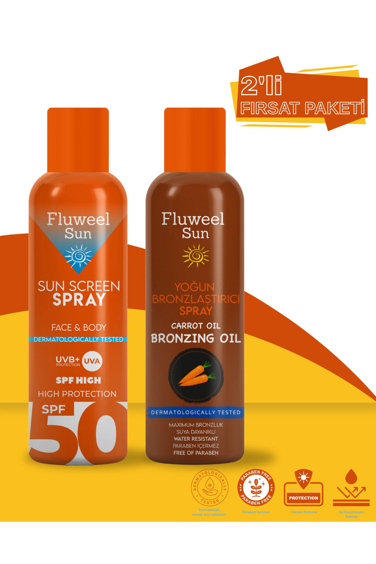Fluweel Aerosol Güneş Koruyucu Sprey 50 Spf&Yoğun Bronzlaştırıcı Sprey Havuç Yağı 200 ml 2'li Paket