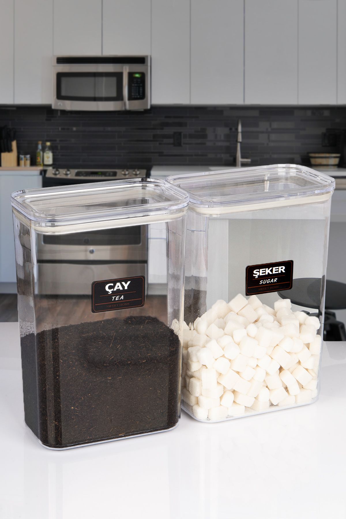 naturelove 2'Lİ Vakumlu Kapaklı Akrilik Çay Şeker Saklama Kavanozu Kabı ve Kutusu 3 Litre ETİKETLİ