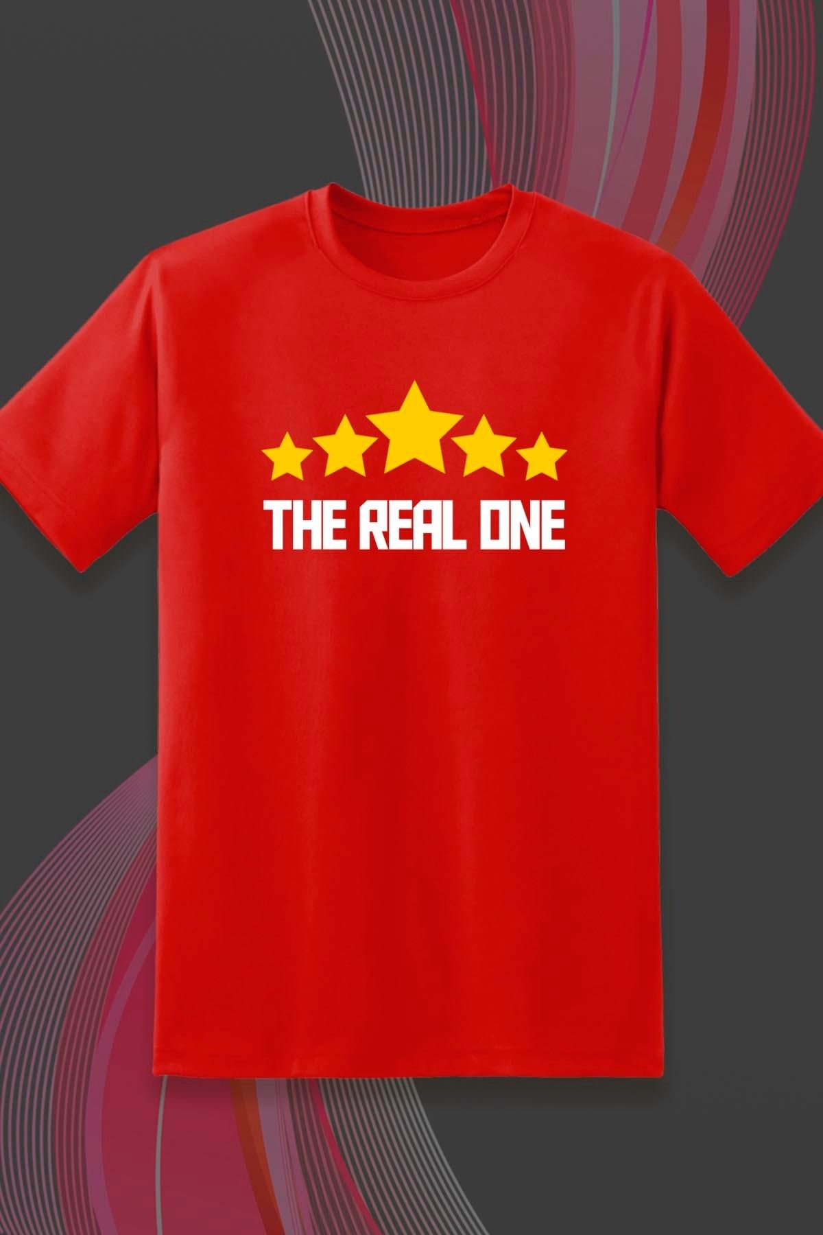 362BASKI The Real One 5 Yıldız Sarı Kırmızı Taraftar Şampiyonluk Temalı Baskılı Tshirt