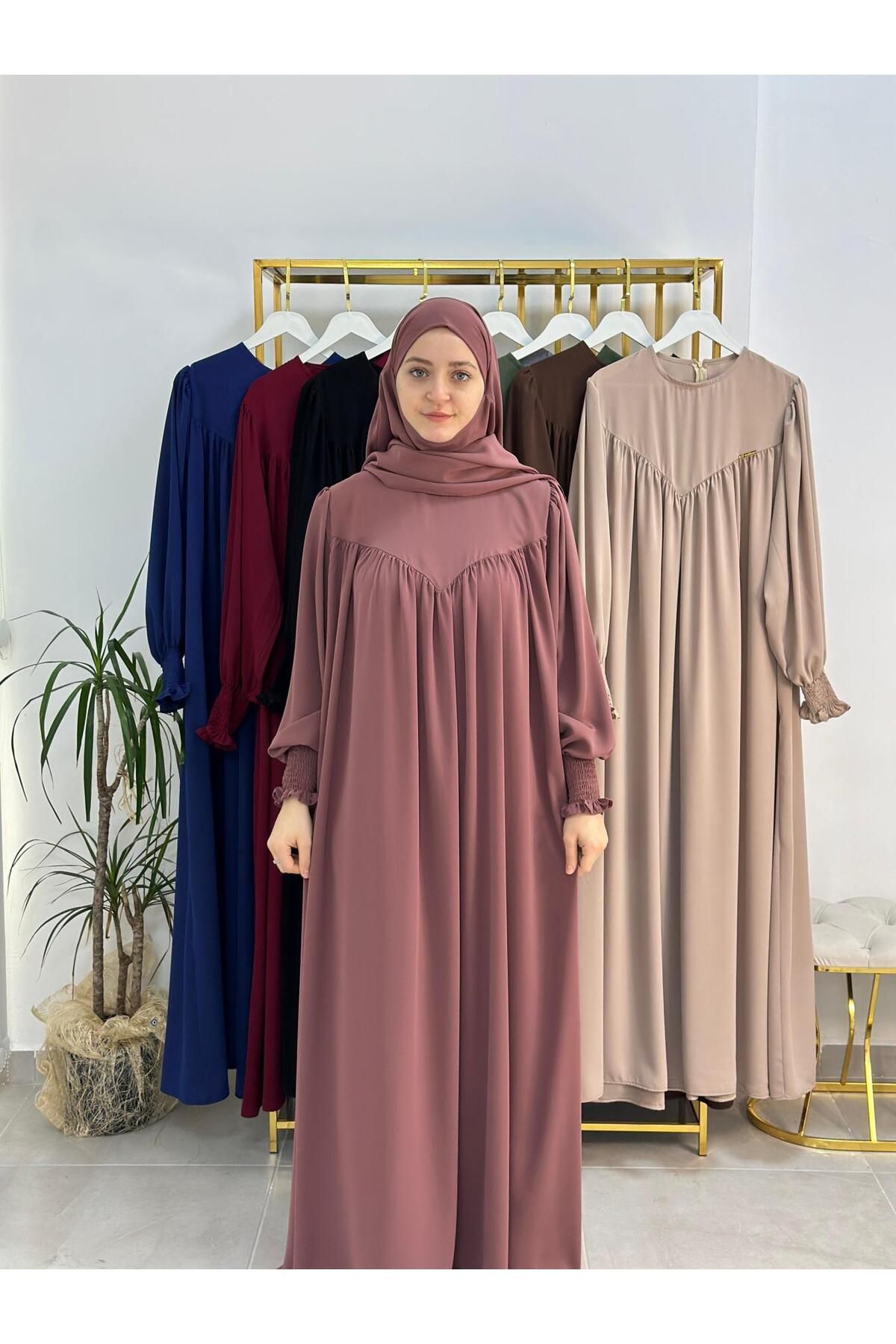 erasra class tesettür elbise,önü V model büzgülü,sufle esarpla takım.hijap ,khimar.hac umre için uygundur