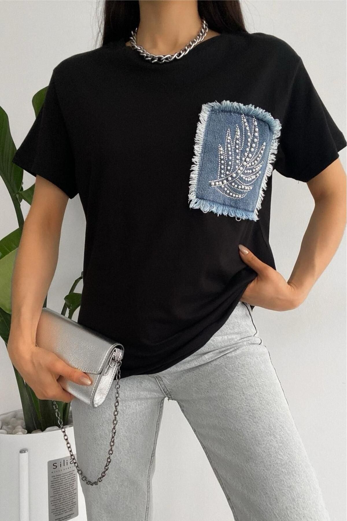 SRANU Kadın Kot Cep Tasarımlı T-shirt