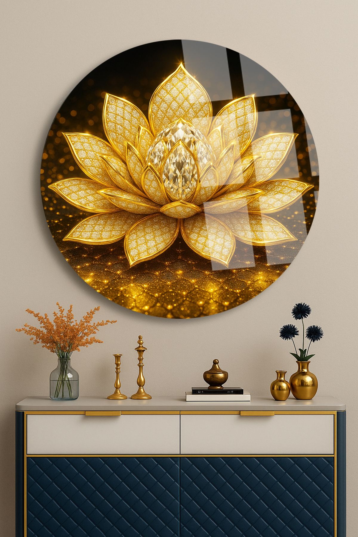 TAULART ALTIN LOTUS ÇİÇEĞİ ULRTA CANLI RENKLER KIRILMAZ LÜKS MODERN YUVARLAK CAM TABLO EV HEDİYESİ