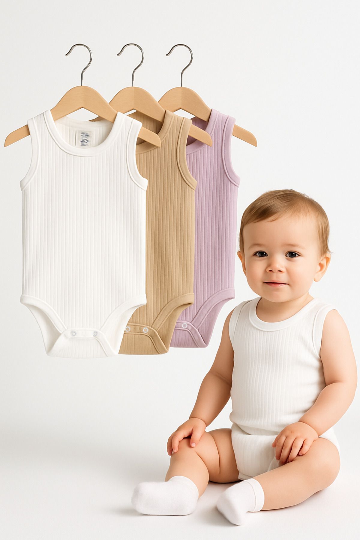 Trend Bebe Butik 3’lü Fitilli Beyaz-Bej-Lila Bebek Zıbın Seti %100 Pamuk Yazlık Kolsuz Çıtçıtlı Unisex Body Rahat