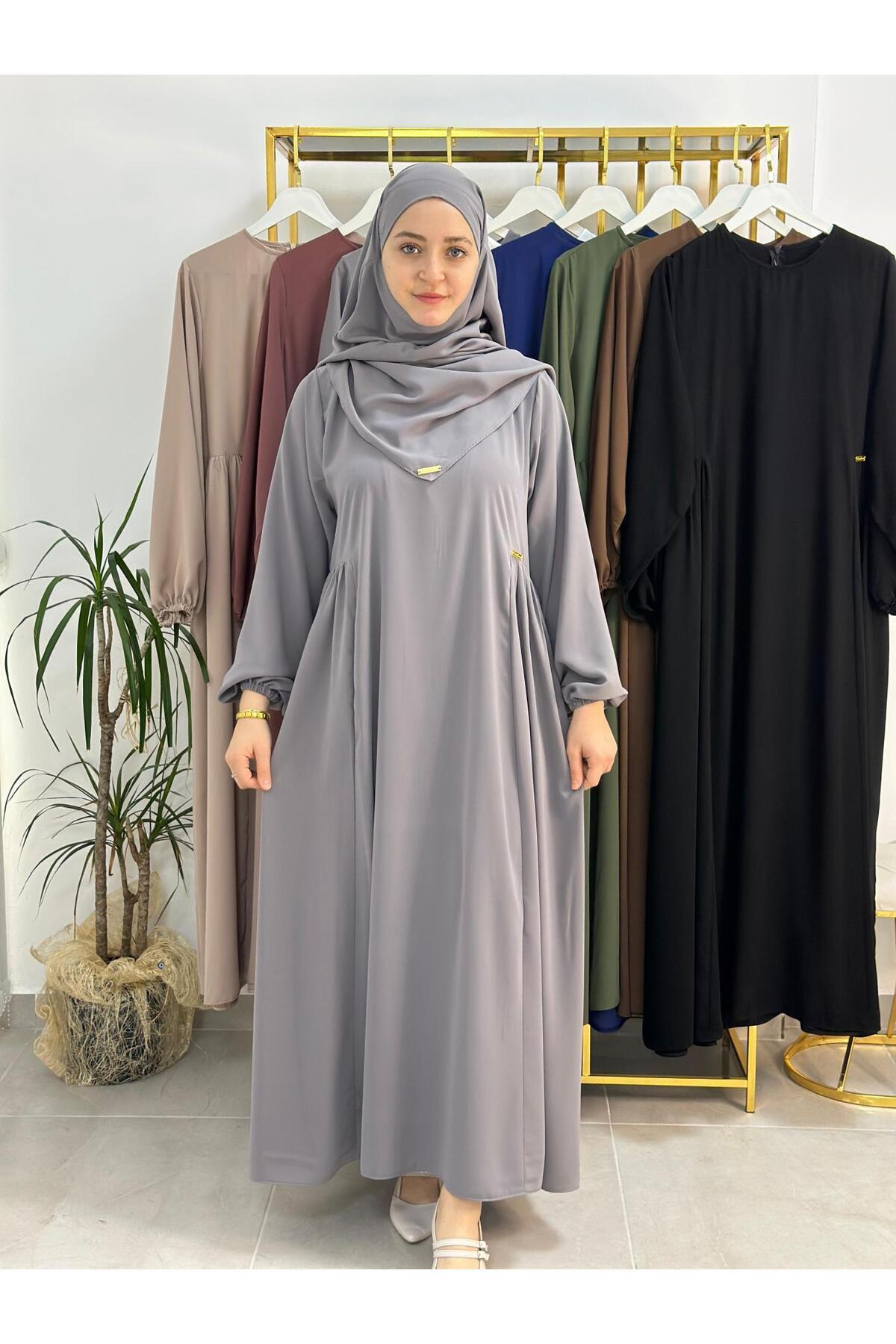 erasra class-Gray Color Ferace and Abaya Souffle Set - Side Robe Dress, Suitable for Hajj and Umrah 1