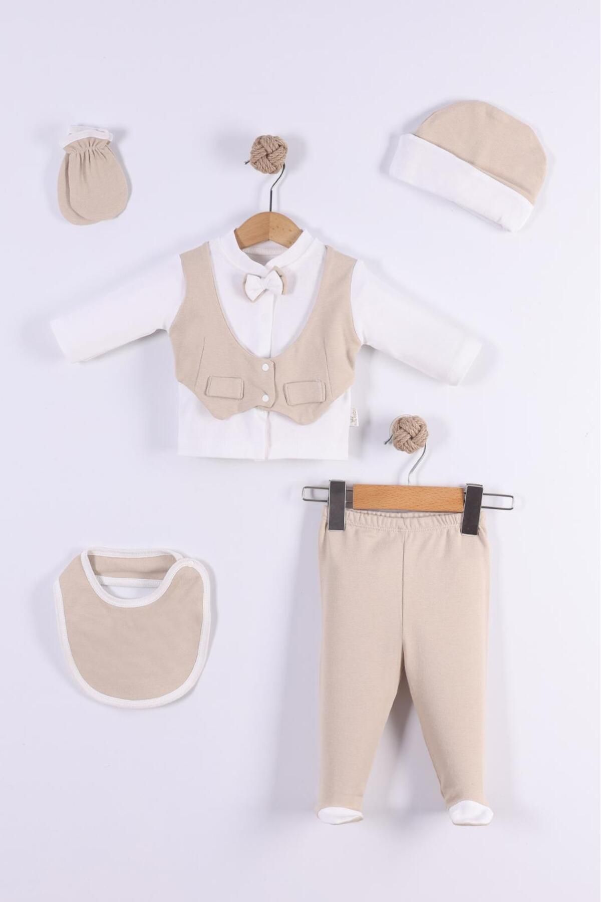 Butik Bej Papyonlu 5'li Hastane Çıkışı Bebek Seti %100 Organik Pamuk