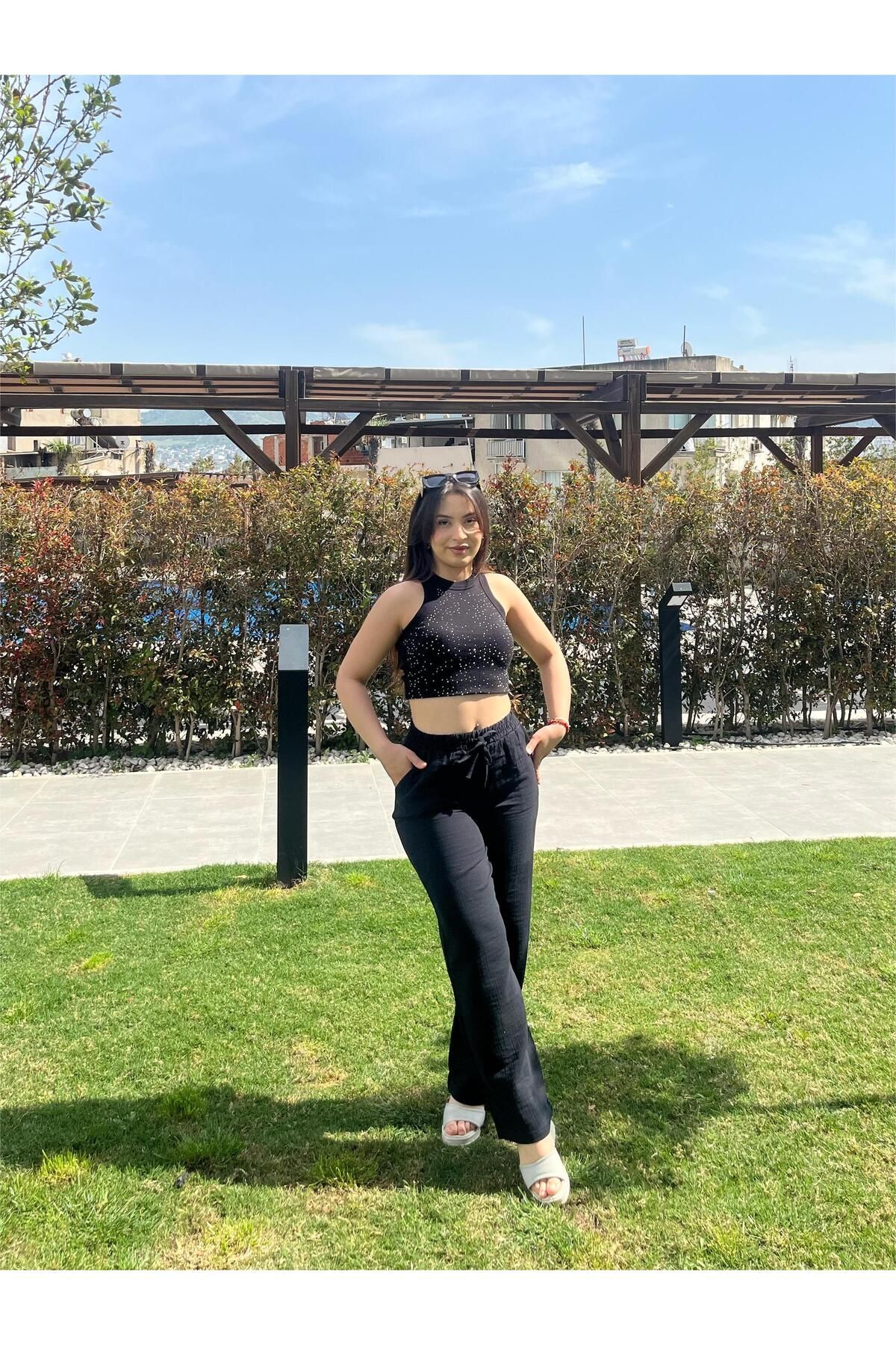 KTY MODA Müslin Beli Bağcıklı Çift Cepli Siyah Kadın Yazlık Pantolon