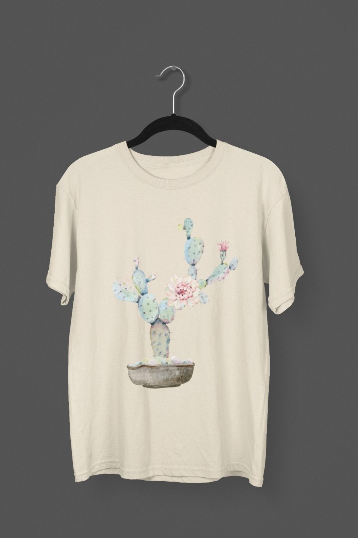 Butik ERKEK/KADIN -KAKTÜS- TRANSFER BASKILI YUVARLAK YAKA KISA KOL TİŞÖRT
