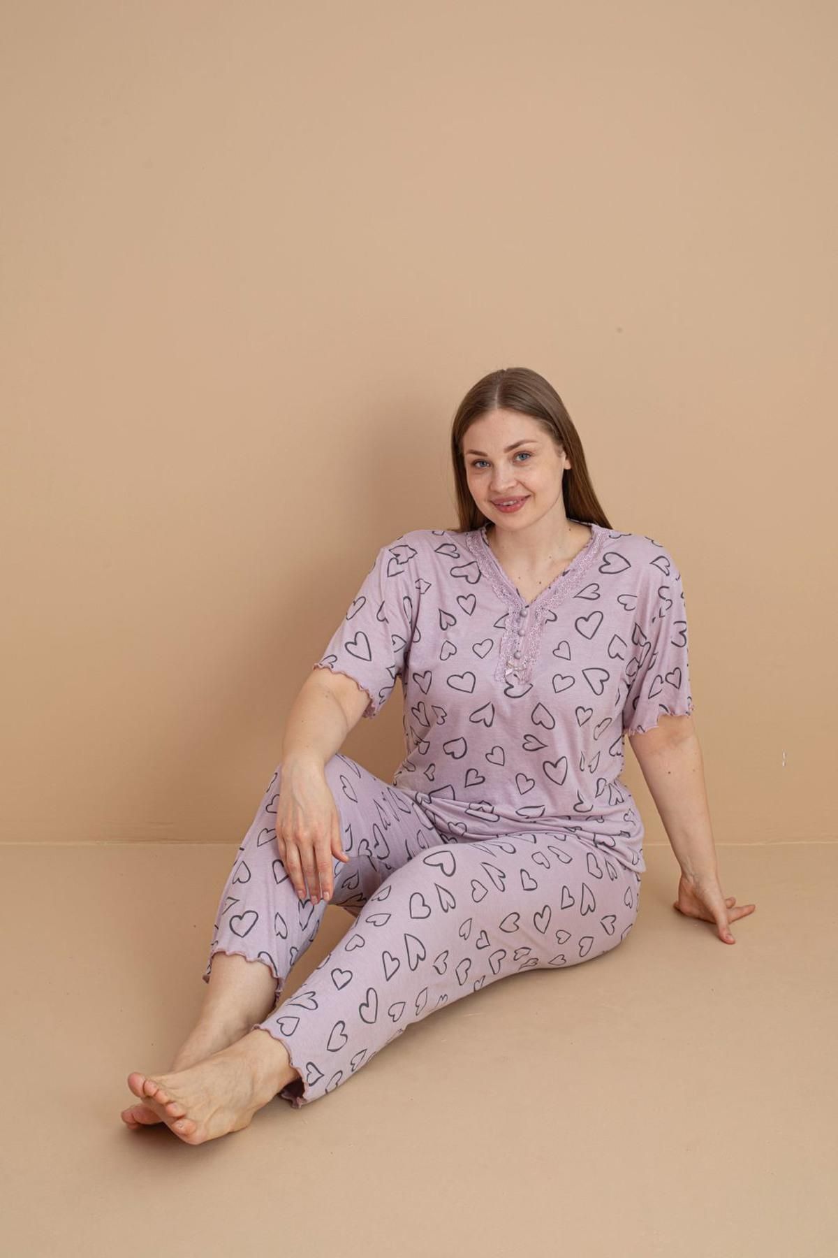 PİJAMERRY Pijamerry Kadın Büyük Beden Dantel Yaka Bambu Kısa Kol İnce Pijama Takımı 5901 - 1 Adet