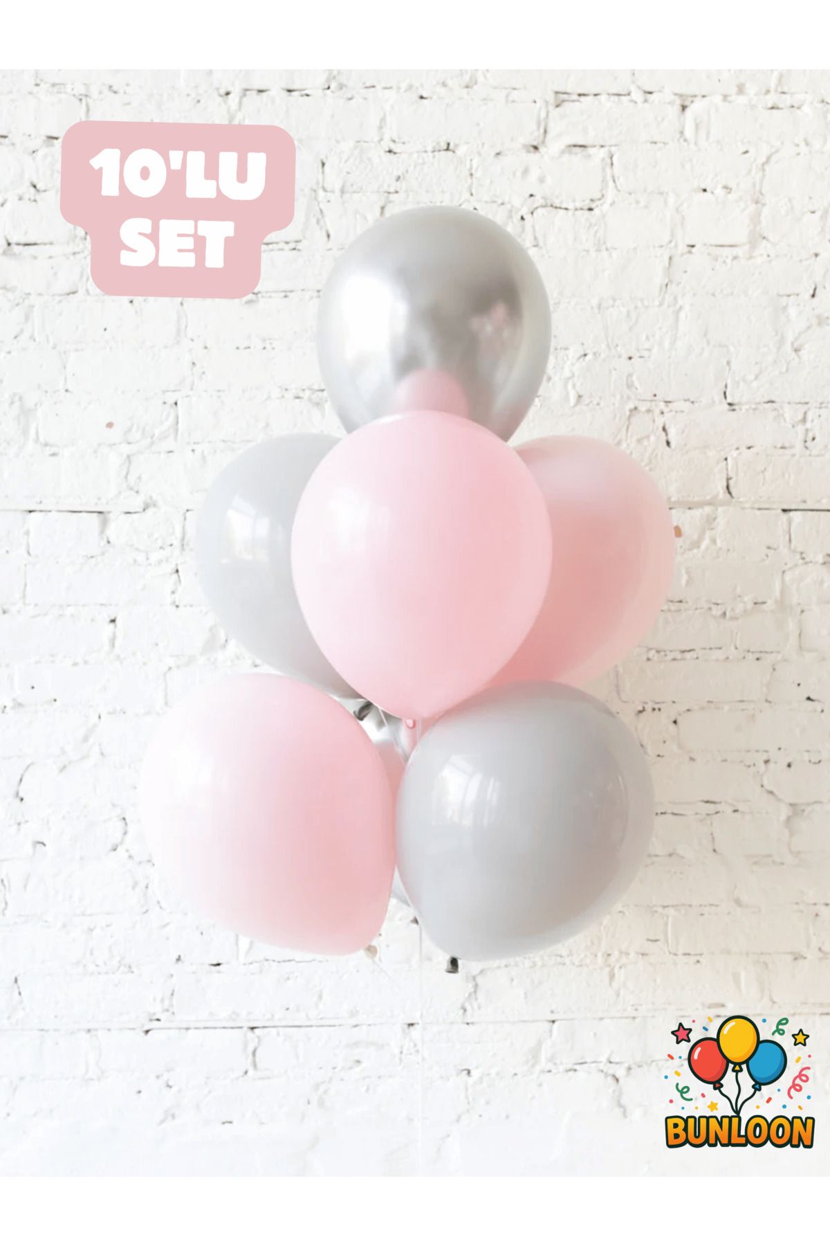 Bunloon Modern Softness Balon Seti | Pastel Pembe, Gri ve Metalik Gümüş 10’lu Kombin