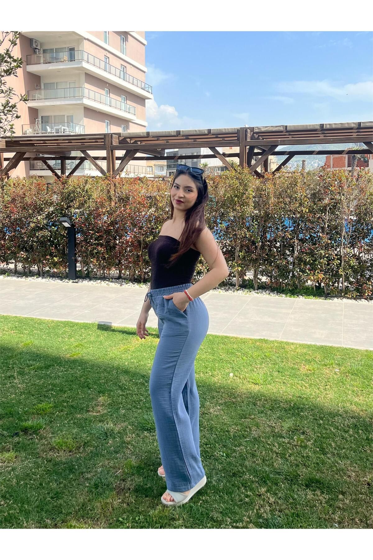 KTY MODA Müslin Beli Bağcıklı Çift Cepli Duman Mavisi Kadın Yazlık Pantolon