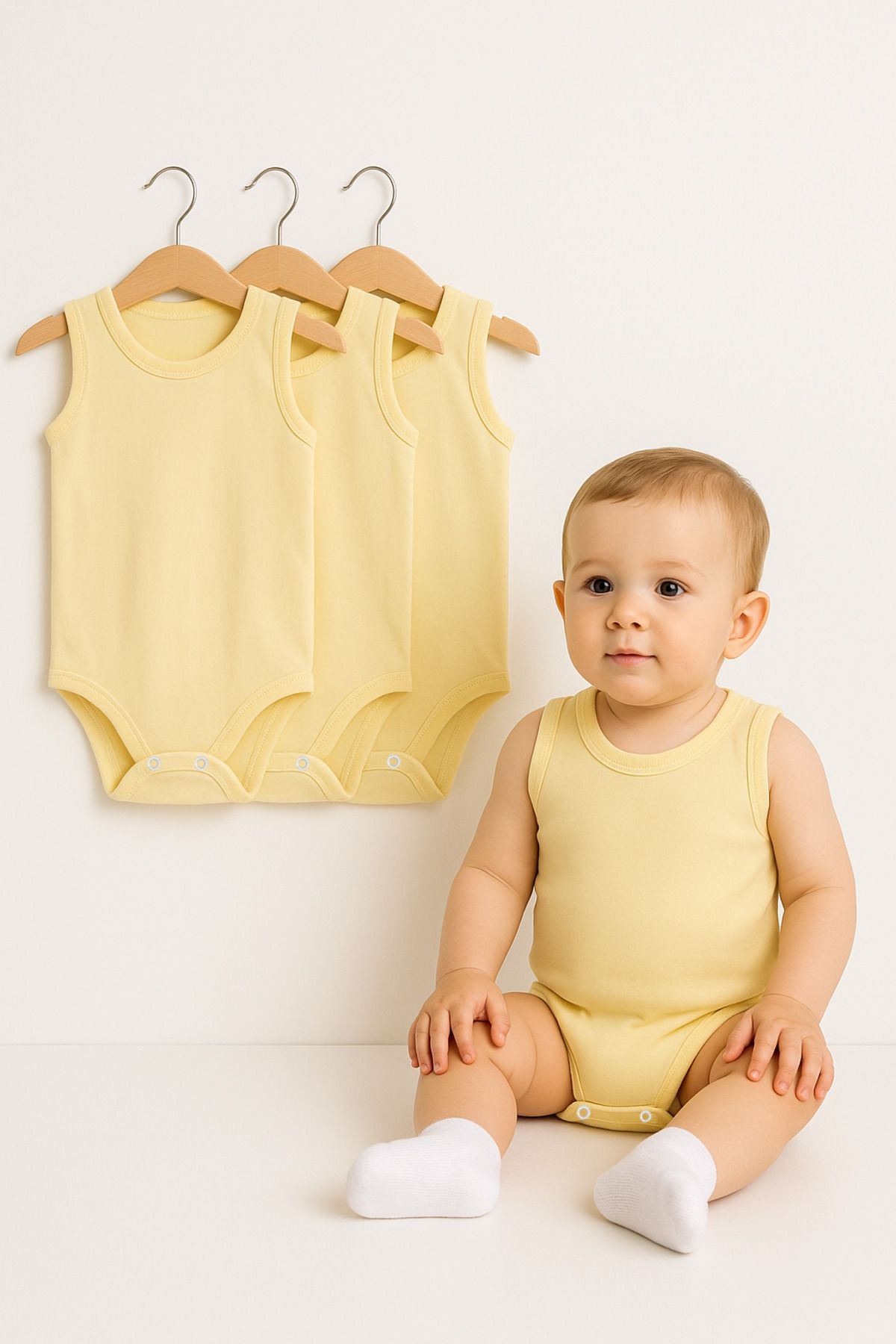 Trend Bebe Butik 3’lü Bebek Zıbın Seti | Pamuklu Kolsuz Çıtçıtlı Yazlık Body Erkek & Kız Bebek İçin Unisex Badi Tulum