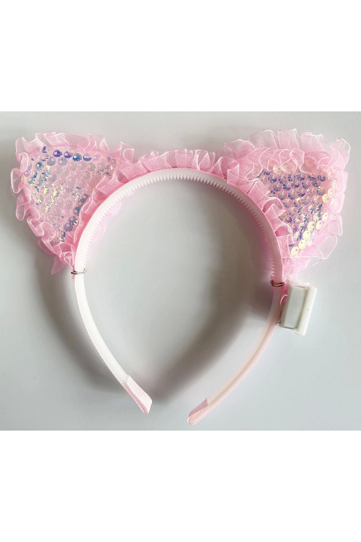 YNT İthalat Kenarları Dantelli Pembe Pullu Payetli Led Işıklı Kedi Kulak Taç 17x19 Cm