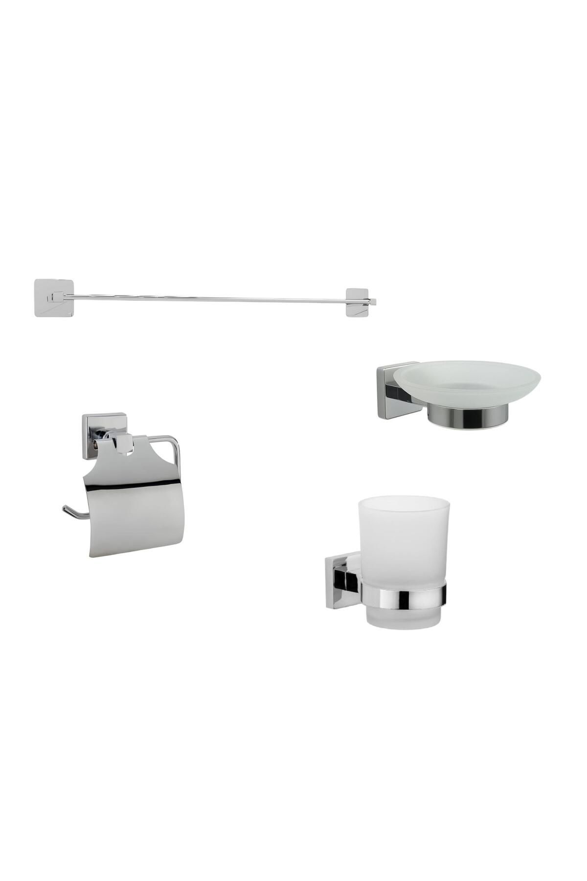 Zethome Yapışkanlı Banyo Seti 4 Parça Uzun Havluluk Kapaklı Kağıtlık Diş Fırçalık Sabunluk