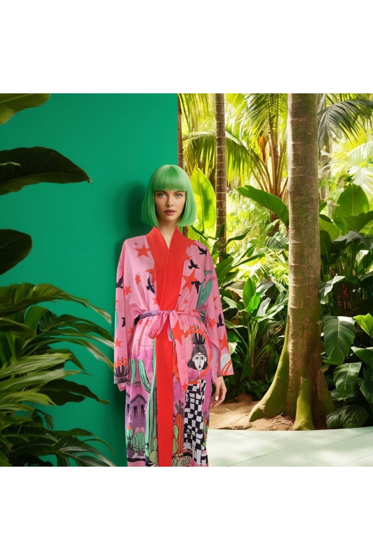 Hoyaa Bella Design Pembe Renk Kaktüs Desenli Özel Tasarım Uzun %100 Pamuk Kimono
