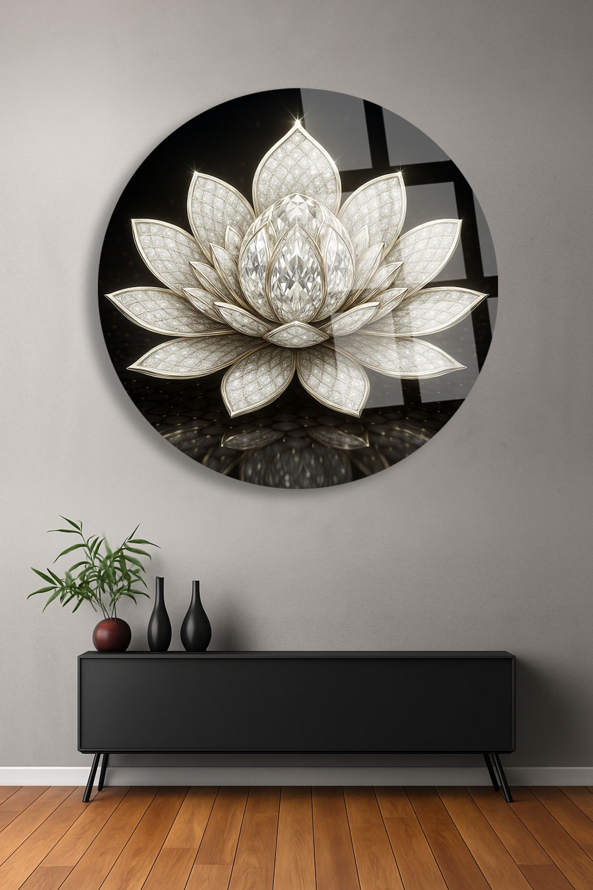 TAULART GÜMÜŞ LOTUS ÇİÇEĞİ TASARIMI ULRTA CANLI RENKLER KIRILMAZ LÜKS MODERN YUVARLAK CAM TABLO EV HEDİYESİ