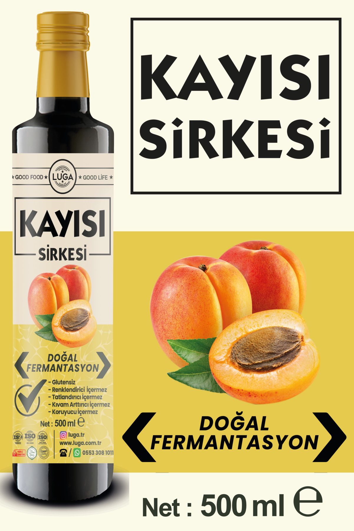 Luga Kayısı Sirkesi 500 ml - Doğal Fermantasyon, Katkısız, Glutensiz, Koruyucu İçermez
