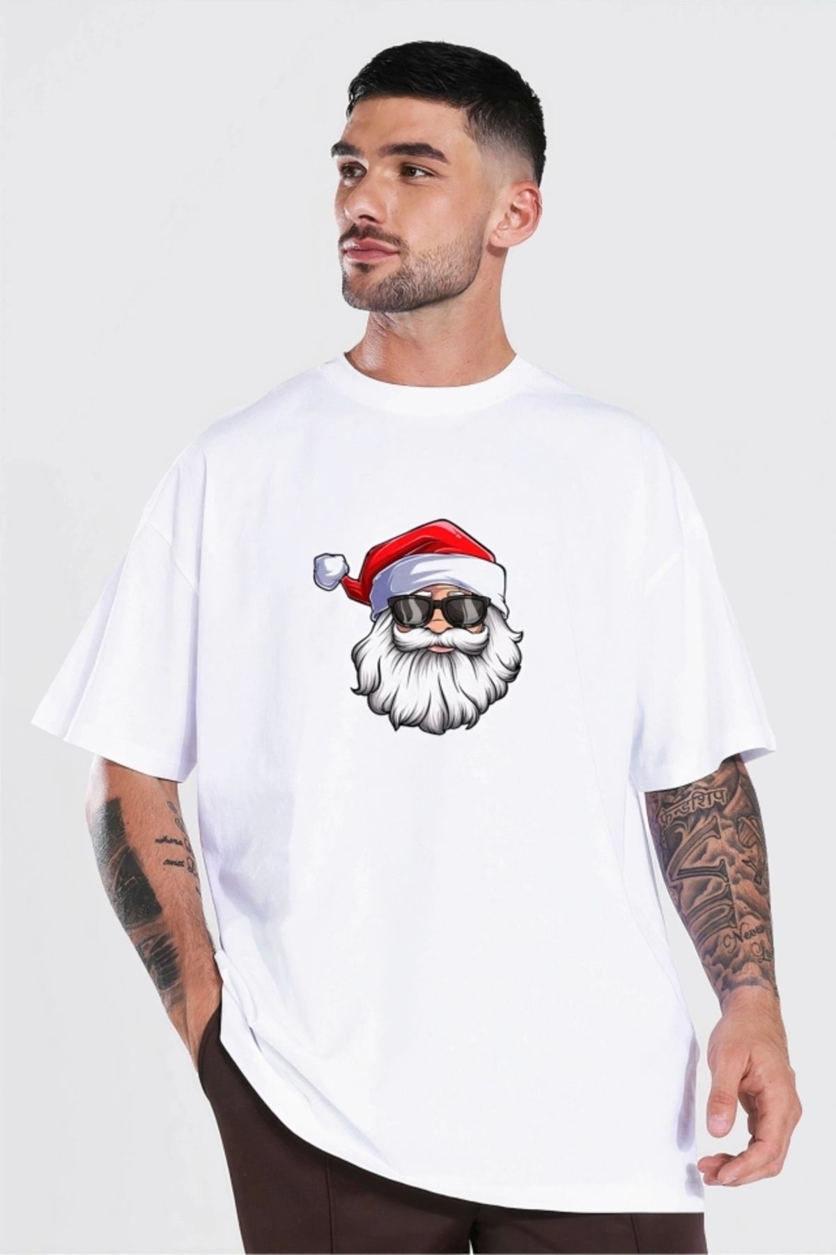 Kaplan Gözlüklü Noel Baba T-shirt - Beyaz